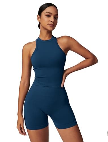Womens Racer-Back Tank Top & High Waist Biker Shorts Gym Outfits