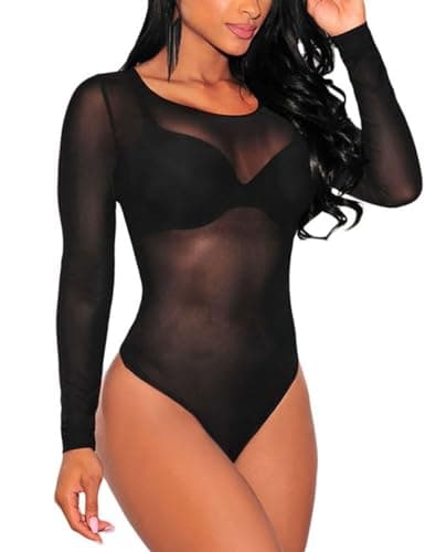 Sheer Mesh Long Sleeve Bodysuit for Women