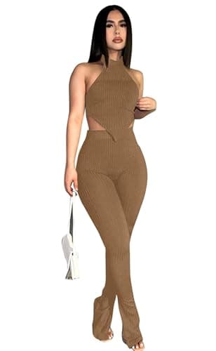 Ekaliy Women's Sleeveless Crop Top & High Waist Ribbed Pants Party Jumpsuit