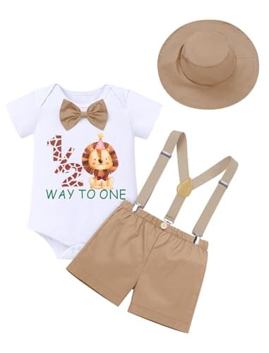 IMEKIS Baby Boys 1st Birthday Jungle Safari Romper Suspenders Shorts Hat Set