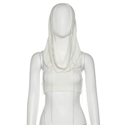 Women Knitted Sleeveless Hoodie Crop Top Streetwear Rave Outfit