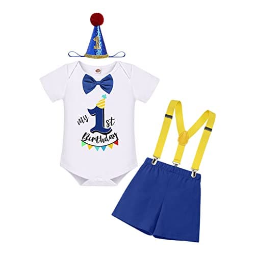 Baby Boy First Birthday Outfit with Bunting Flag Bow Tie Bodysuit Shorts Suspenders