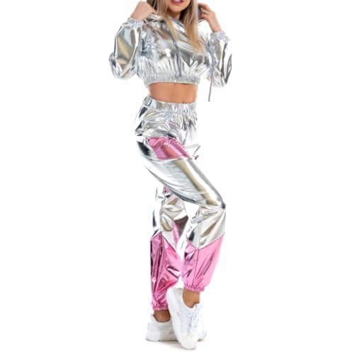 Agoky Women's Rave Party Outfits: Color Block Patchwork Crop Top with Glossy Pants
