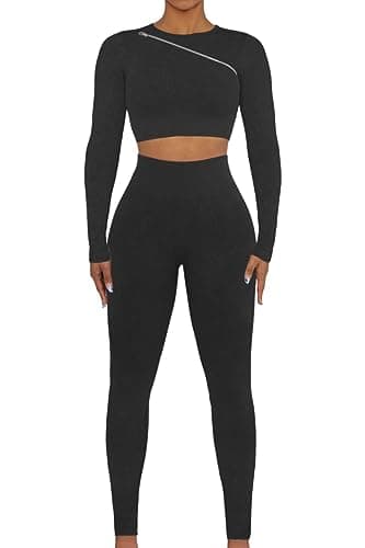 OLCHEE Women's Seamless Ribbed Workout Set - Acid Wash Yoga Leggings and Keyhole Crop Top Bra
