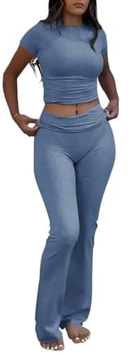 ZFLM Casual Women's Workout Two-Piece Sets - High Waist Crop Top & Flare Pants