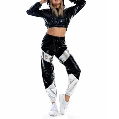 Agoky Women's Rave Party Outfits: Color Block Patchwork Crop Top with Glossy Pants
