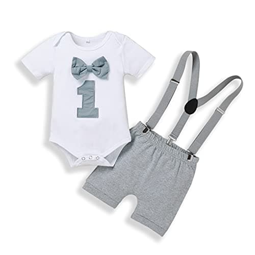 Baby Boy First Birthday Outfit with Bunting Flag Bow Tie Bodysuit Shorts Suspenders