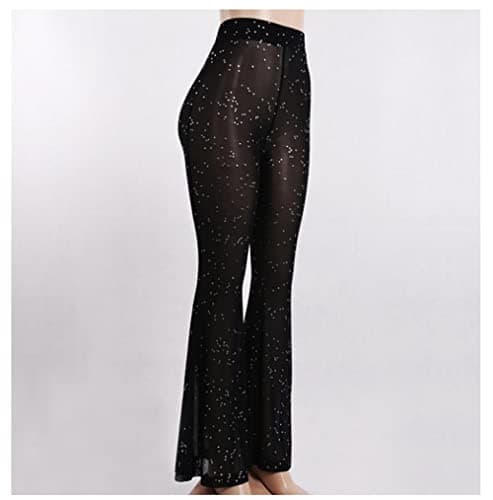 Mookyun Women's Sparkly Sheer Mesh Bell Bottom Pants for Festival Dance Clubwear