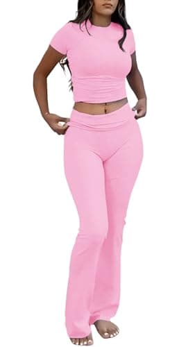 YETOWA Women's Slim Fit Short Sleeve Top & Flare Leggings Yoga Set