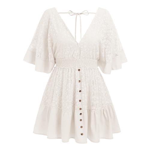 IMEKIS Women Lace V Neck Batwing Sleeve Tie Back A-line Party Dress