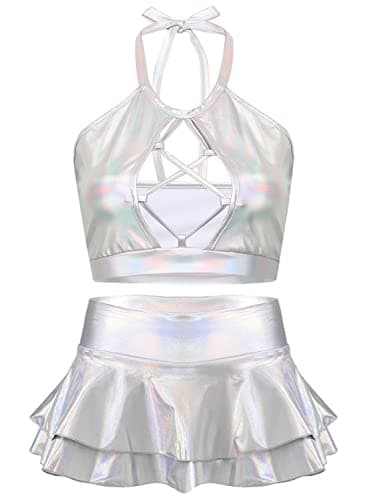 SFBBCLOZ Women's Festival Holographic Rave Outfit 2pcs Tops & Skirt