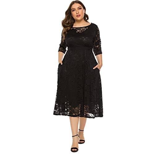 Plus Size Floral Lace Cocktail Dress with Pockets for Women