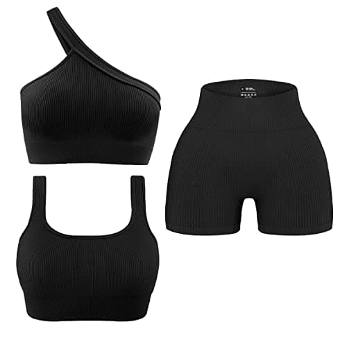 OLCHEE Women's 3-Piece Seamless Yoga Outfit - High Waist Shorts & One-Shoulder Sports Bra
