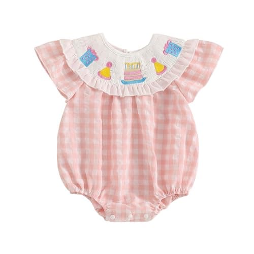 Amiblvowa Baby Girl 1st Birthday Sleeveless Embroidery Smocked Romper