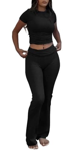 ZFLM Casual Women's Workout Two-Piece Sets - High Waist Crop Top & Flare Pants