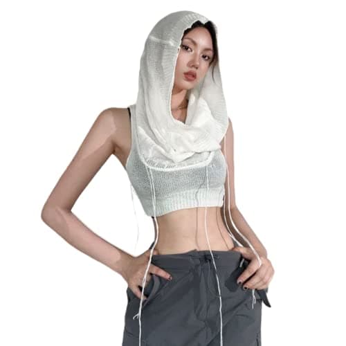 Women Knitted Sleeveless Hoodie Crop Top Streetwear Rave Outfit