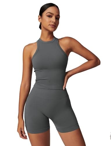 Womens Racer-Back Tank Top & High Waist Biker Shorts Gym Outfits