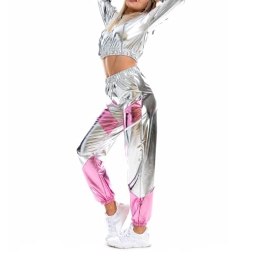 Agoky Women's Rave Party Outfits: Color Block Patchwork Crop Top with Glossy Pants