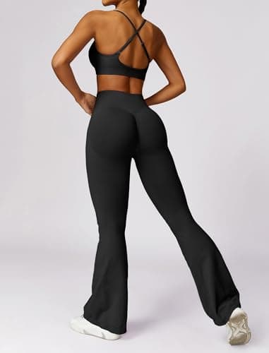 OmeWee Women's V-Neck Adjustables Cami Bra & High-Waist Flared Leggings Workout Set