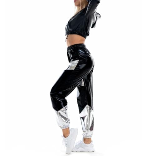 Shiny Metallic Rave Outfit for Women: Hooded Short Sweatshirt and High Waist Pants