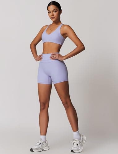 ABOCIW Women's V-Neck Twist Back Sports Bra & High Waist Biker Shorts Yoga Set