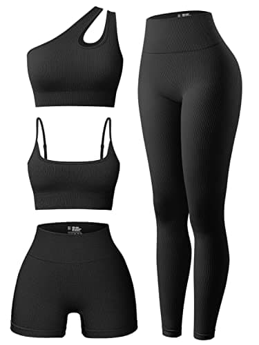 OQQ Women's Sports Active Set: Scoop Neck Bra, One Shoulder Top, High Waist Shorts, Ribbed Leggings