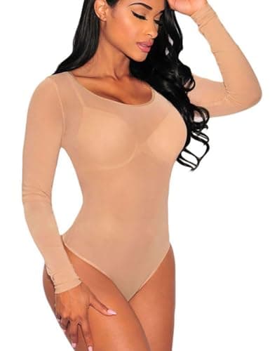 Sheer Mesh Long Sleeve Bodysuit for Women