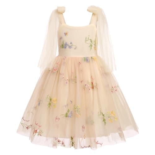 ODOLDI Baby Flower Girl Sleeveless Spaghetti Straps Floral Embroidered Birthday Dress