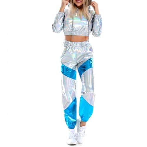 Shiny Metallic Rave Outfit for Women: Hooded Short Sweatshirt and High Waist Pants