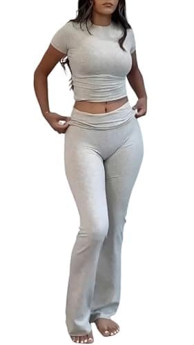 YETOWA Women's Slim Fit Short Sleeve Top & Flare Leggings Yoga Set