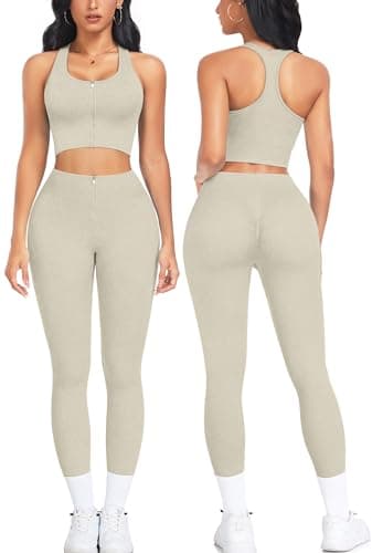 OLCHEE Women's Seamless Ribbed Workout Set - Acid Wash Yoga Leggings and Keyhole Crop Top Bra
