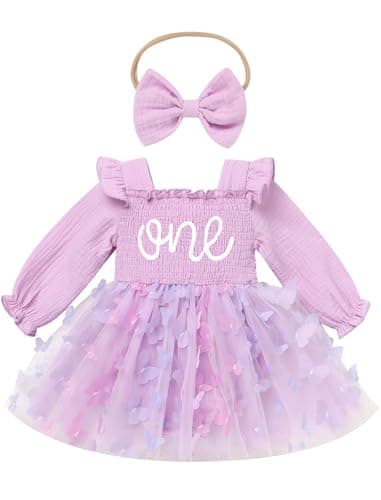 ODASDO Baby Girls First Birthday Square Neck Ruffle Tutu Romper Dress with Bow Headband
