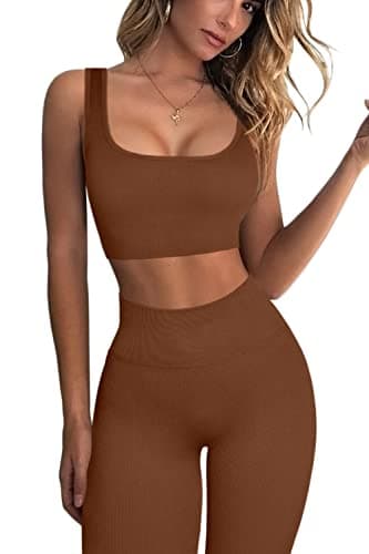 QINSEN Ribbed Workout Sets for Women: Seamless Sport Bra and High Waist Yoga Leggings