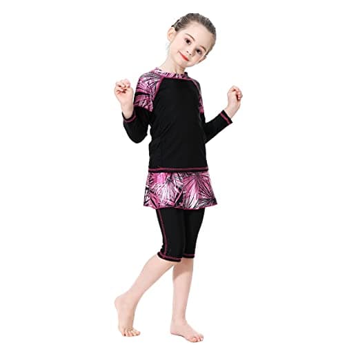 IMEKIS Modest Girl Burkini Swimsuit with Long Sleeve Rash Guard and Hijab Capris
