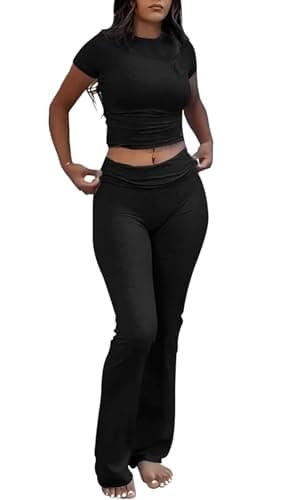 YETOWA Women's Slim Fit Short Sleeve Top & Flare Leggings Yoga Set