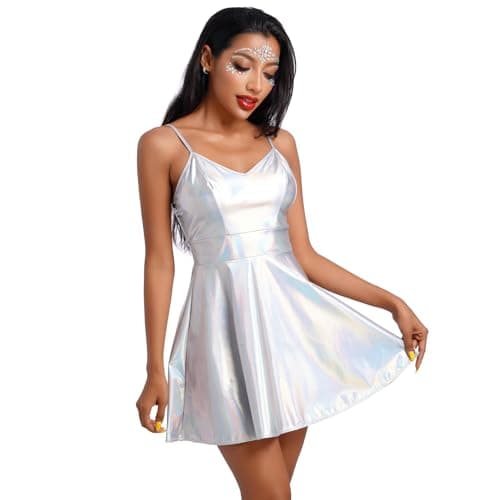 IMEKIS Women's Metallic Holographic Alien Cowgirl Disco Dress