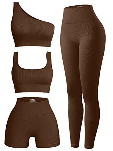 OQQ Women's Sports Active Set: Scoop Neck Bra, One Shoulder Top, High Waist Shorts, Ribbed Leggings
