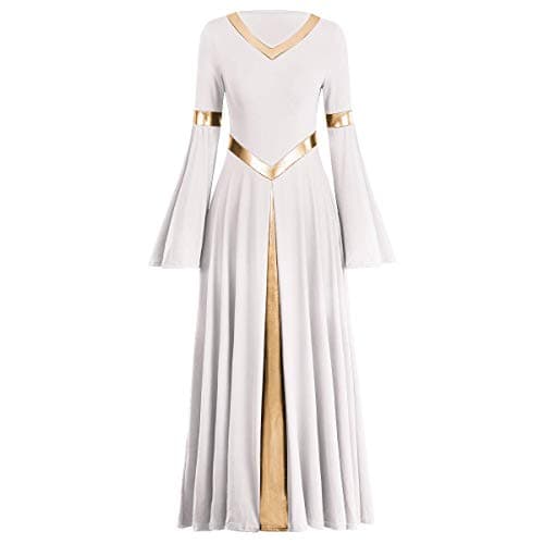 IMEKIS Metallic V Neck Praise Dance Dress Bell Sleeve Robe for Women