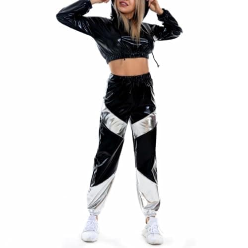 Shiny Metallic Rave Outfit for Women: Hooded Short Sweatshirt and High Waist Pants