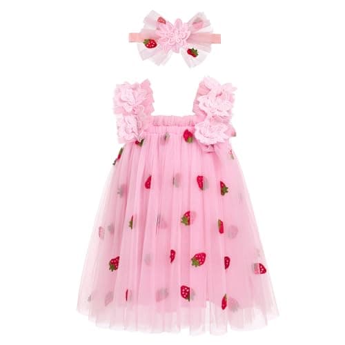 Toddler Girl Strawberry Butterfly Tutu Dress with Headband for Birthday Cake Smash Photos