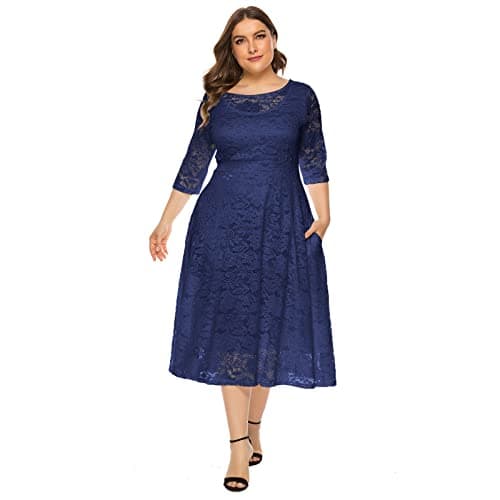 Plus Size Floral Lace Cocktail Dress with Pockets for Women