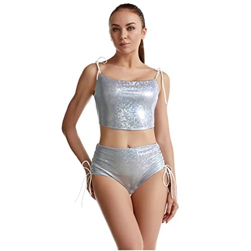 Women's Rave Holographic Bodysuit Set in Metallic Silver for Dance Parties and Festivals