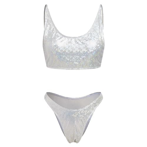 FYMNSI Sparkly Cami Crop Top & Cheeky Bikini Bottoms 2PCS Strappy Outfit