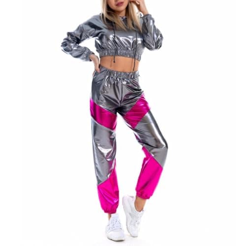 Shiny Metallic Rave Outfit for Women: Hooded Short Sweatshirt and High Waist Pants