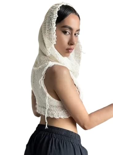 Women Knitted Sleeveless Hoodie Crop Top Streetwear Rave Outfit