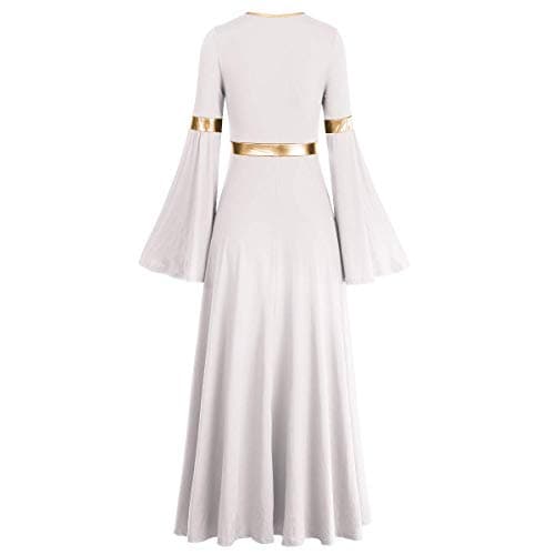 IMEKIS Metallic V Neck Praise Dance Dress Bell Sleeve Robe for Women