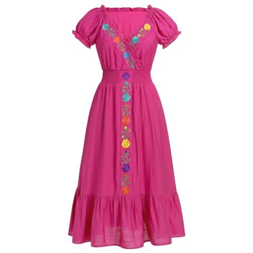 Women Mexican Fiesta Dress Floral Embroidered Maxi Gown