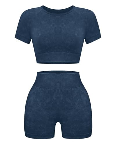 OLCHEE Women's Acid Wash Yoga Shorts & Crop Top Gym Outfit Set
