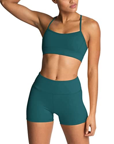 IWEMEK Women's High-Waisted Biker Shorts & Cross Back Sports Bra Gym Set