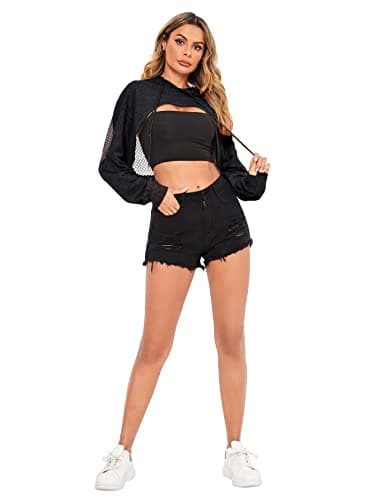Verdusa Sheer Fishnet Drop Shoulder Hoodie Crop Sweatshirt